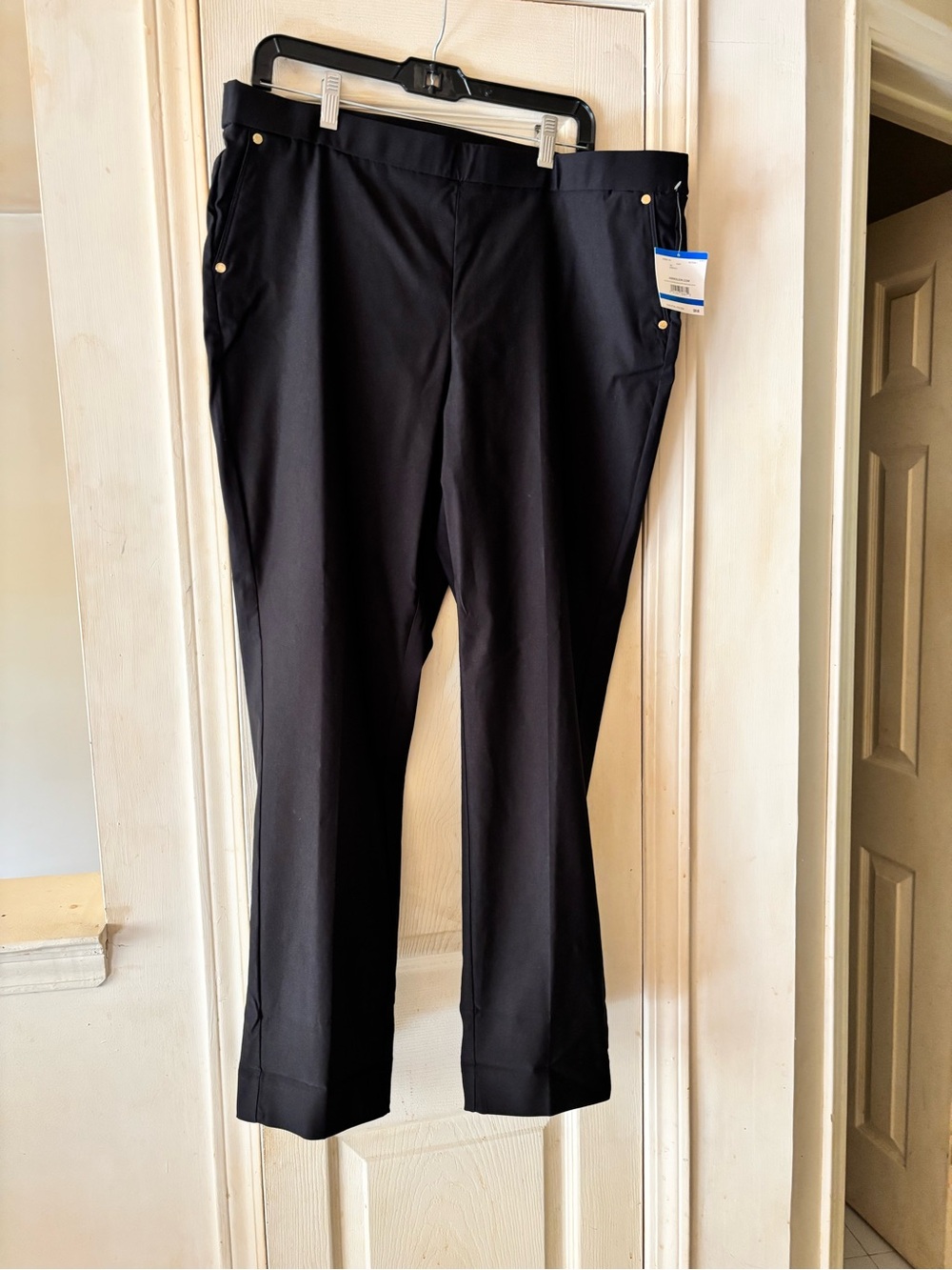 Anne Klein Black Straight-Leg Dress Pants with Gold Rivet Detail